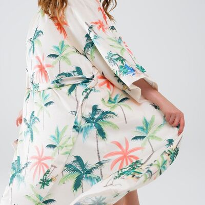 Kimono aperto color crema con stampa da spiaggia di lunghezza midi