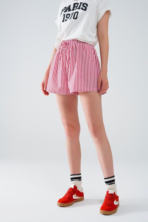 Red Striped Shorts with Elastic Waist and Pockets