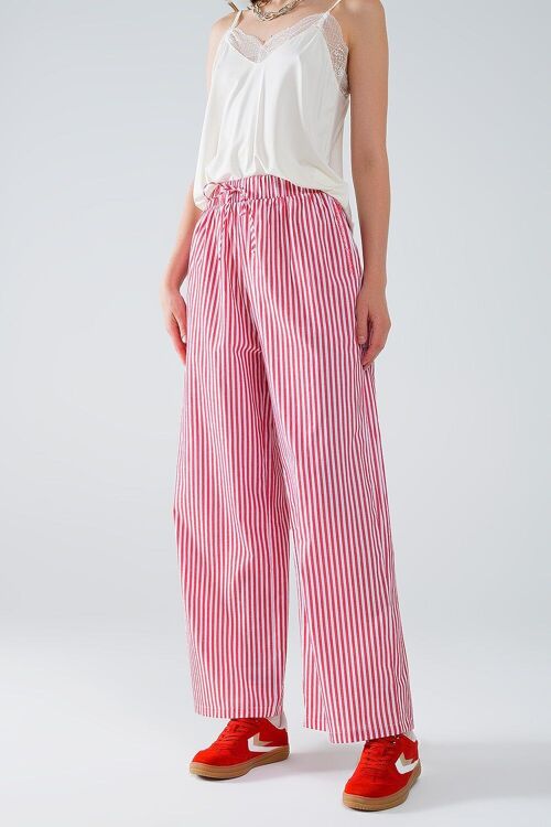 Red Striped Pants with Elastic Waist and Pockets