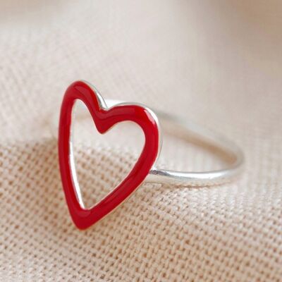 Anillo de plata esterlina con contorno de corazón de esmalte rojo - M / L