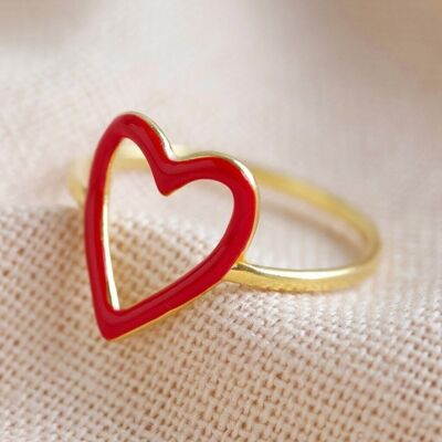 Gold Sterling Silver Red Enamel Heart Outline Ring - M/L