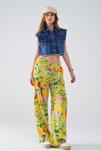 Pantalon jaune à imprimé tropical avec fermeture éclair sur le côté 4