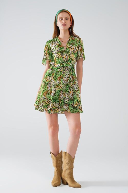 Short Green Multicolored Dress With Crossed Top with Animal Print