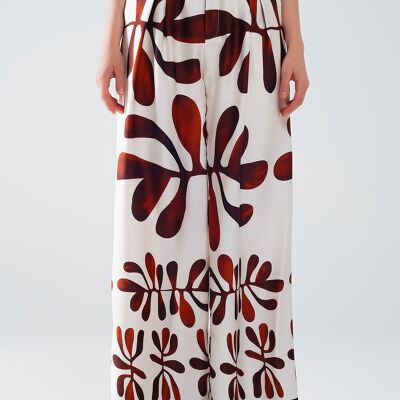 Pantalón Ancho con Estampado Abstracto en Blanco y Marrón