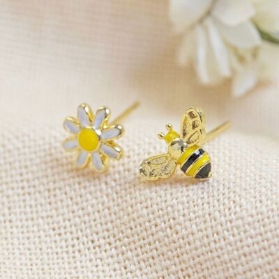 Emaille-Ohrstecker Biene und Gänseblümchen in Gold