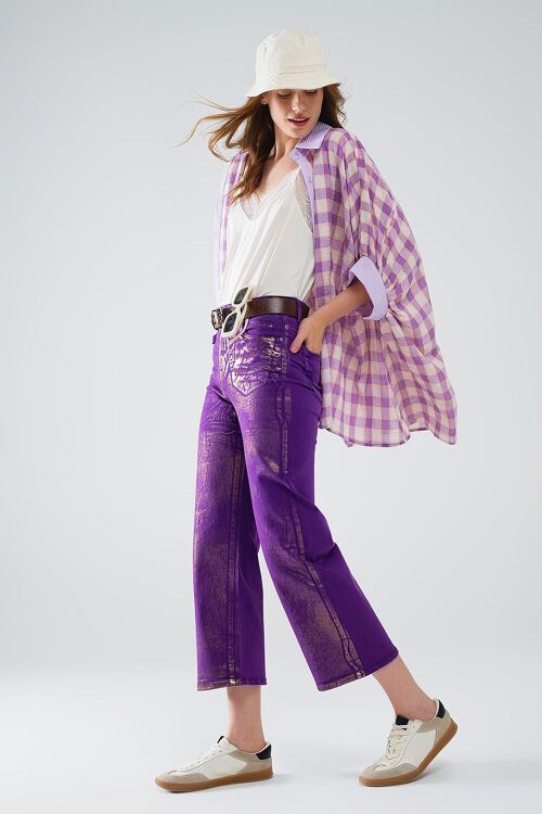 Purple Wide Leg Jeans With Metallic Finish In Gold