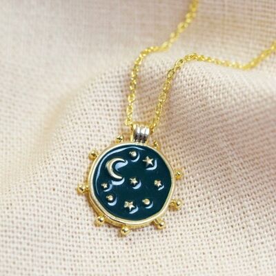 Day and Night Reversable enamel necklace in navy and gold