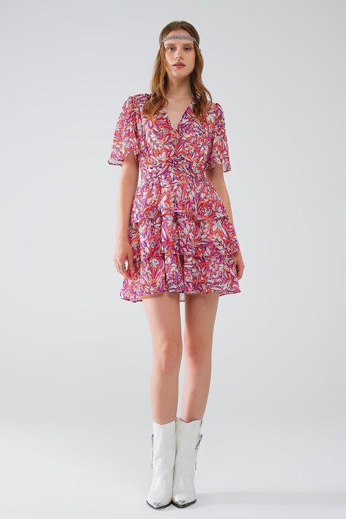 Short Multicolor chiffon Dress with Floral print and Ruched Design