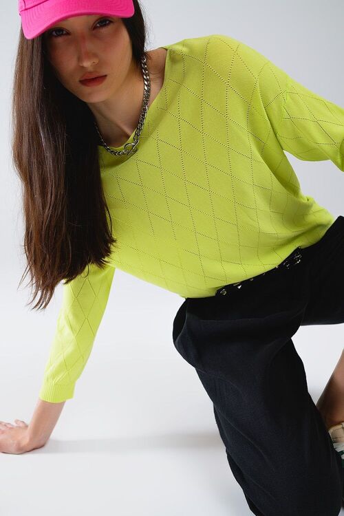 Lime Colored Sweater In Argyle Print With Boat Neck