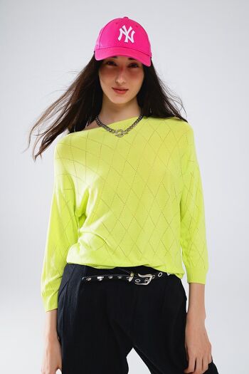 Pull couleur citron vert à imprimé losanges avec col bateau 2