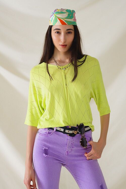 Lime Colored Short Sleeve Sweater With Argyle Pattern