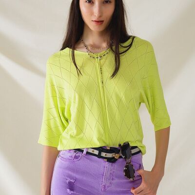 Maglione a maniche corte color lime con motivo a rombi