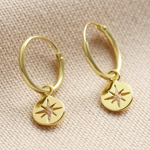 Sterling silver tiny Shooting Disc Star Hoop earrings plated in Gold
