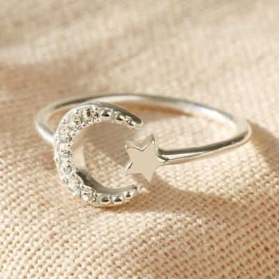 Anello scintillante luna e stella in argento sterling