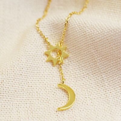 Moon and star laryat necklace in Gold