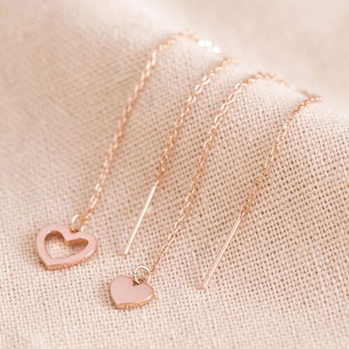 Thread Through Mismatched Heart Earrings in Rose Gold