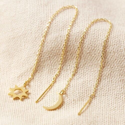 Thread Through Moon and Sun Chain Earrings in Gold