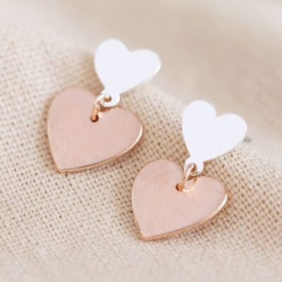 Double Heart Drop Earrings in Silver and Rose Gold