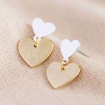 Double Heart Drop Earrings in Silver and Gold