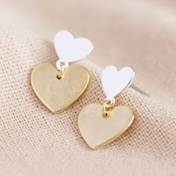 Boucles d'oreilles pendantes double cœur en argent et or 1