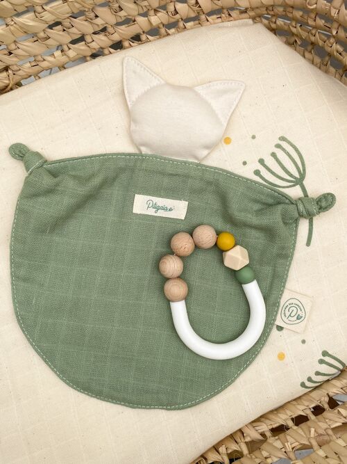 Coffret cadeau de naissance " Mon 1er doudou " vert en coton bio