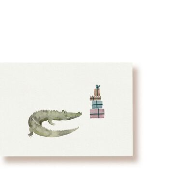 faim de cadeaux - crocodile avec des cadeaux | carte postale 1