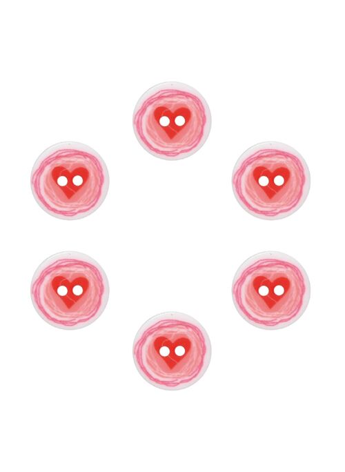 Lot de 6 boutons imprimés coeur Ø 12 mm rose