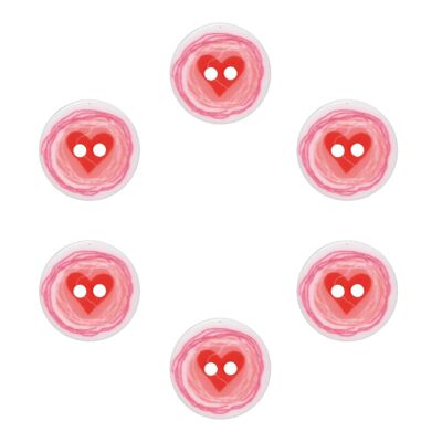 Set di 6 bottoni stampati a cuore Ø 12 mm rosa