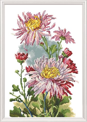 Kit point compté Chrysanthèmes roses 20 x 32 cm