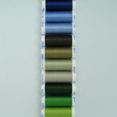 Filo da cucito in cotone 12 bobine da 100 m, armonia blu/verde