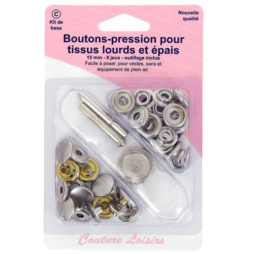 Boutons pressions tissus épais 15 mm + outillage c