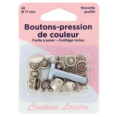 6 boutons pressions argent 11 mm + outillage de pose