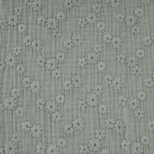 Tissu au mètre double gaze brodé, coton, vert gris