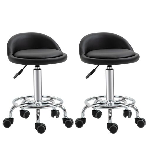 HOMCOM Lot de 2 tabouret à roulette tabouret de travail pivotant 360° - assise réglable 47-62H cm, dossier ergonomique - acier chromé revêtement synthétique noir