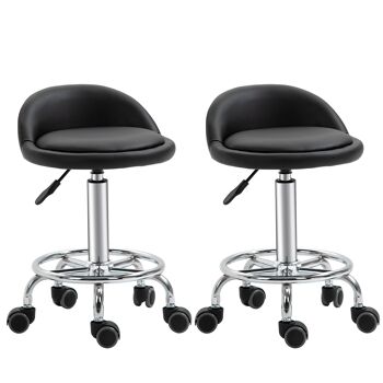 HOMCOM Lot de 2 tabouret à roulette tabouret de travail pivotant 360° - assise réglable 47-62H cm, dossier ergonomique - acier chromé revêtement synthétique noir 1