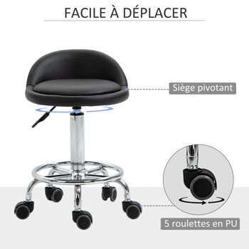 HOMCOM Lot de 2 tabouret à roulette tabouret de travail pivotant 360° - assise réglable 47-62H cm, dossier ergonomique - acier chromé revêtement synthétique noir 6