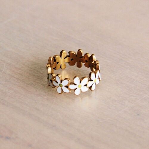 Stainless steel statement ring with daisy flowers - white/gold