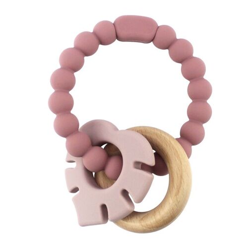 Magni - Teether bracelet in LFGB silicone with wooden ring and leaf appendix, dusty rose