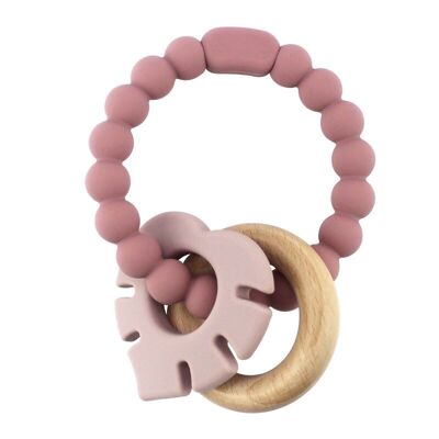 Magni - Bracelet de dentition en silicone LFGB avec anneau en bois et appendice feuille, vieux rose