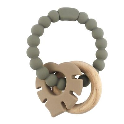 Magni - Bracelet de dentition en silicone LFGB avec anneau en bois et appendice feuille, gris