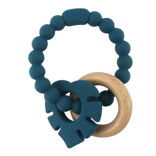 Magni - Teether bracelet in LFGB silicone with wooden ring and leaf appendix, petroleum