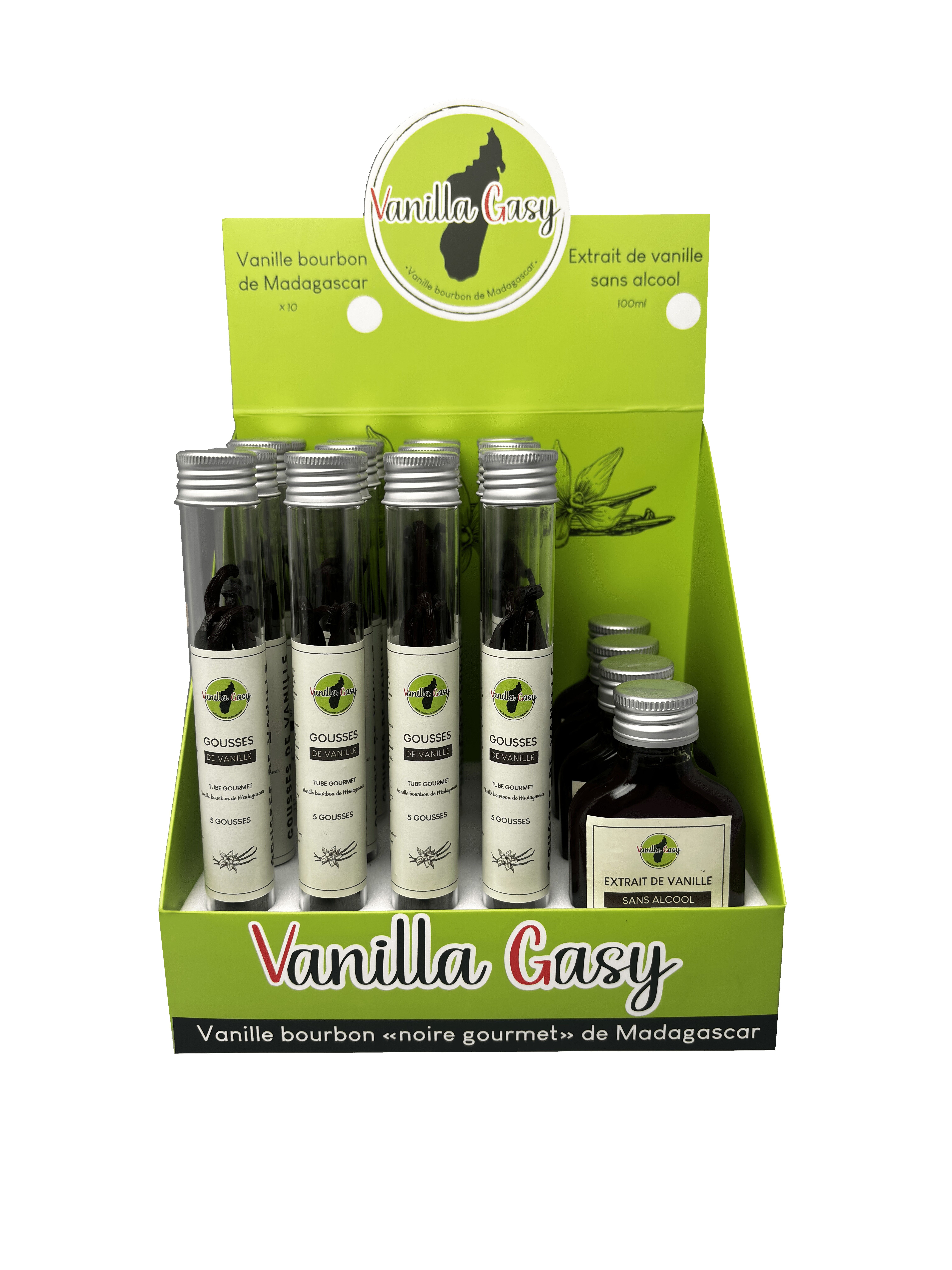 Display mit Bourbon-Vanille-Tuben und -Extrakten