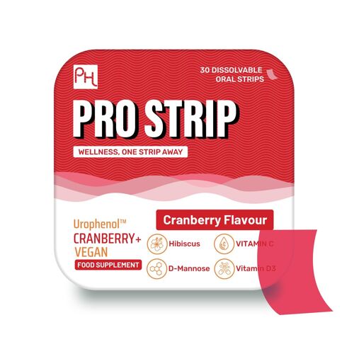 PROSTRIP®️ CRANBERRY+ Urophenol™ Providing 36 mg Proanthocyanidins (PACs) - Added with D-Mannose, Organic Hibiscus, Vitamin D3, B6 & C – 30 Oral Vegan Strips – No water Needed – by Prowise Healthcare