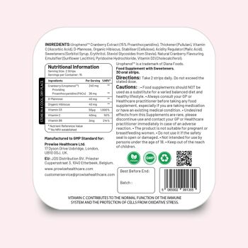 PROSTRIP®️ CRANBERRY+ Urophénol™ fournissant 36 mg de proanthocyanidines (PAC) - Ajouté de D-mannose, d'hibiscus biologique, de vitamines D3, B6 et C - 30 bandelettes végétaliennes orales - Pas d'eau nécessaire - par Prowise Healthcare 6