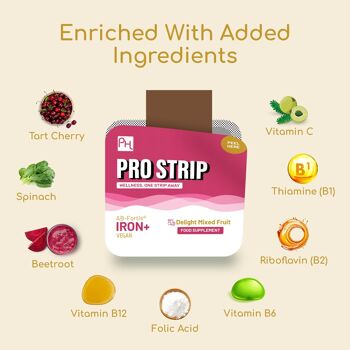 PROSTRIP®️ IRON+ AB-Fortis® 14 mg ajouté avec de la vitamine C, B1, B2, B6, de l'acide folique, de la betterave, des épinards et des cerises acidulées – 30 bandelettes végétaliennes orales – Pas besoin d'eau – Haute absorption par Prowise Healthcare 5