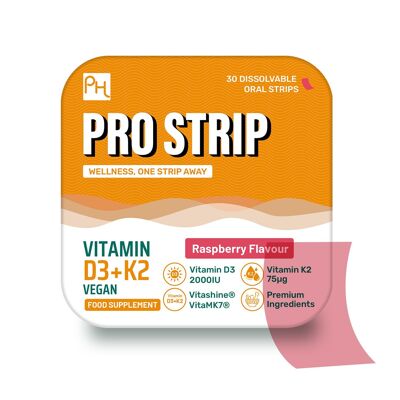 PROSTRIP®️ Vitamine D3 + K2 – 30 bandelettes végétaliennes orales – Ingrédients de qualité supérieure Vitashine® Vitamine D3 2000 UI et VitaMK7® Vitamine K2 75 mcg – Pas besoin d'eau – Haute absorption par Prowise Healthcare