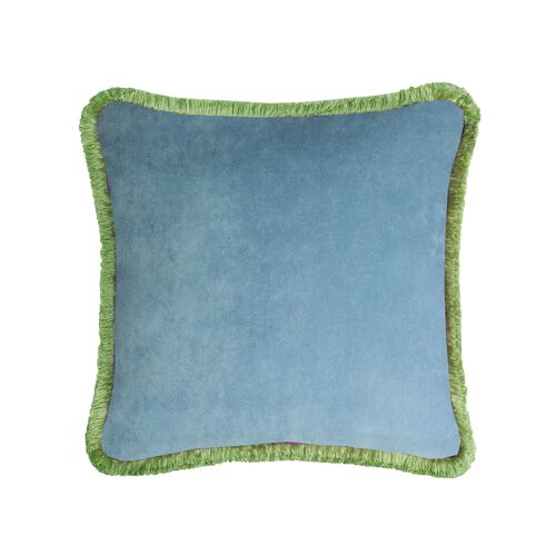Happy Pillow Velvet Light Blue With Green Fringes