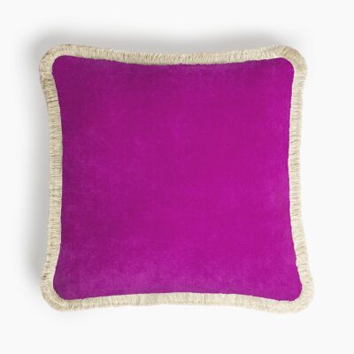 Happy Pillow Terciopelo Fucsia Con Flecos Blanco Sucio