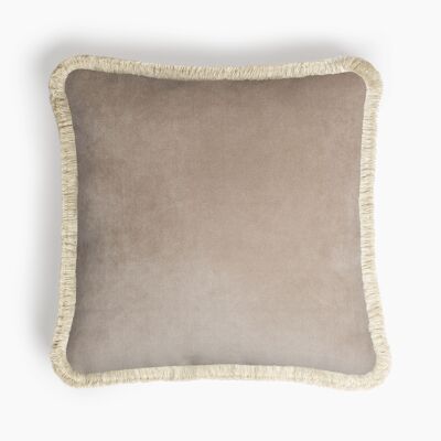 Happy Pillow Terciopelo Beige Con Flecos Blanco Sucio