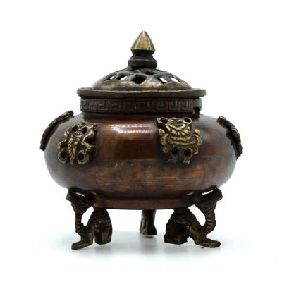 ATIH-03 - Bruciatore di incenso tibetano in ottone - Vaso con sei simboli - Venduto in 1 unità per esterno